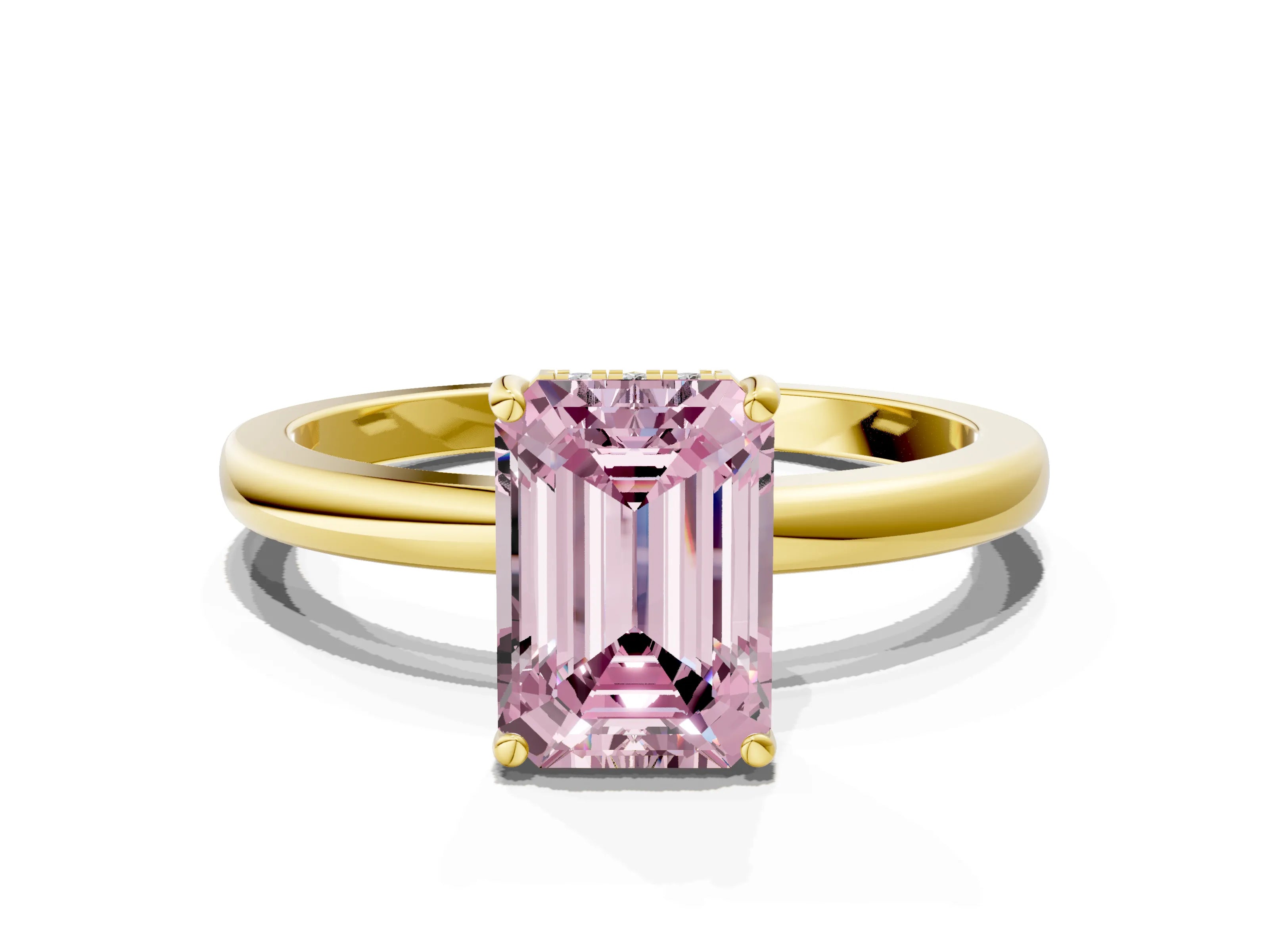 Yellow gold Fancy Pink Emerald Cut Solitaire Diamond Ring with Prong Setting and Plain Band