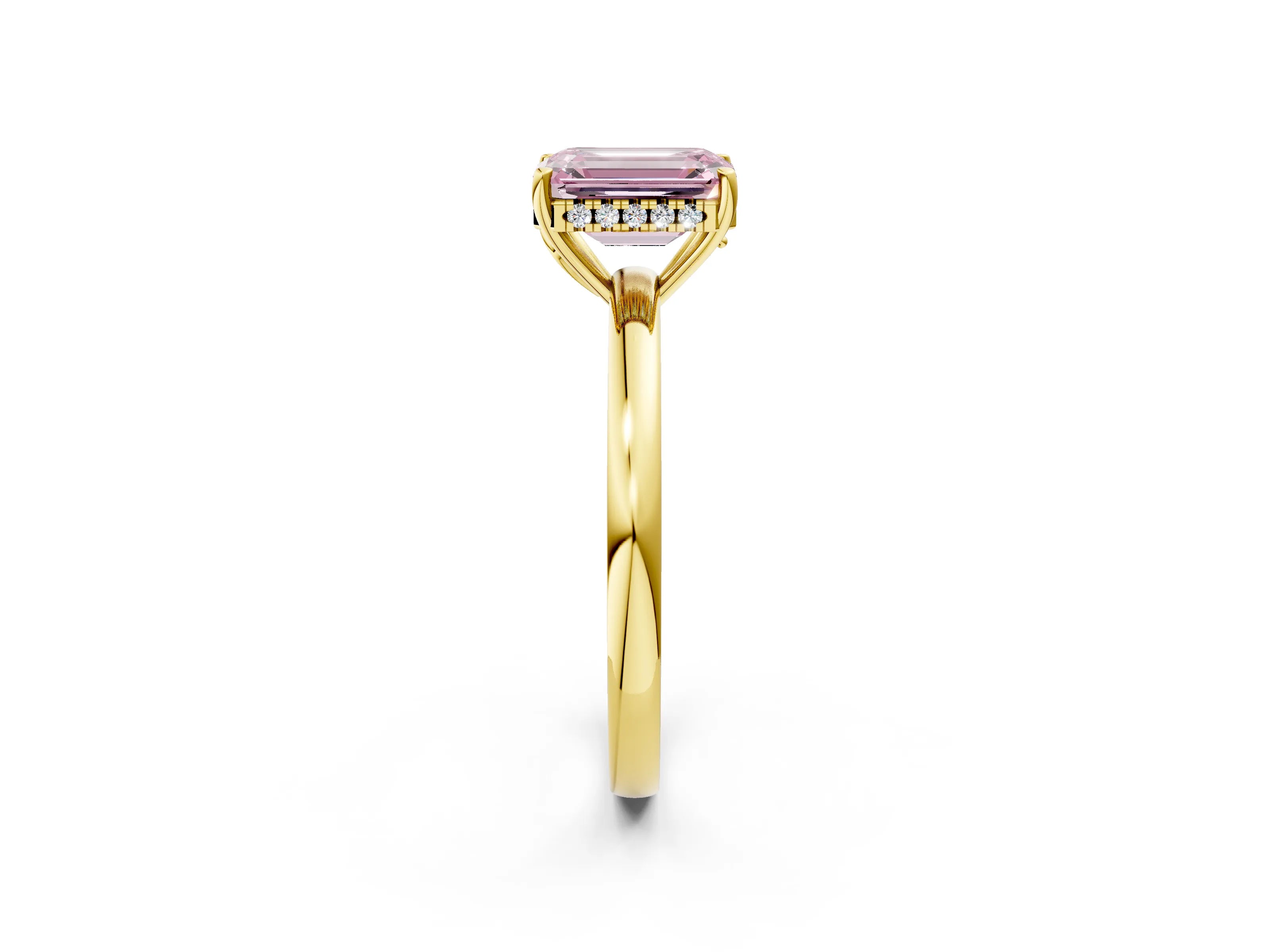 Yellow gold Fancy Pink Emerald Cut Solitaire Diamond Ring with Prong Setting and Plain Band_2
