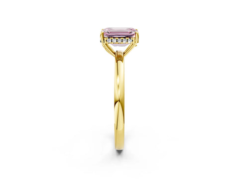 Yellow gold Fancy Pink Emerald Cut Solitaire Diamond Ring with Prong Setting and Plain Band_2