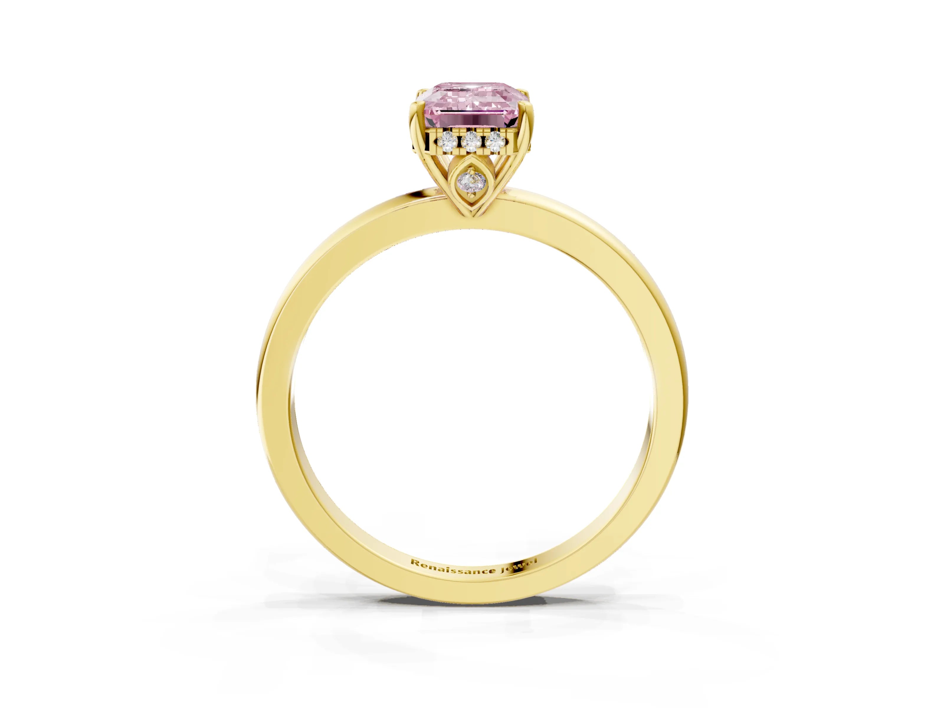 Yellow gold Fancy Pink Emerald Cut Solitaire Diamond Ring with Prong Setting and Plain Band_3