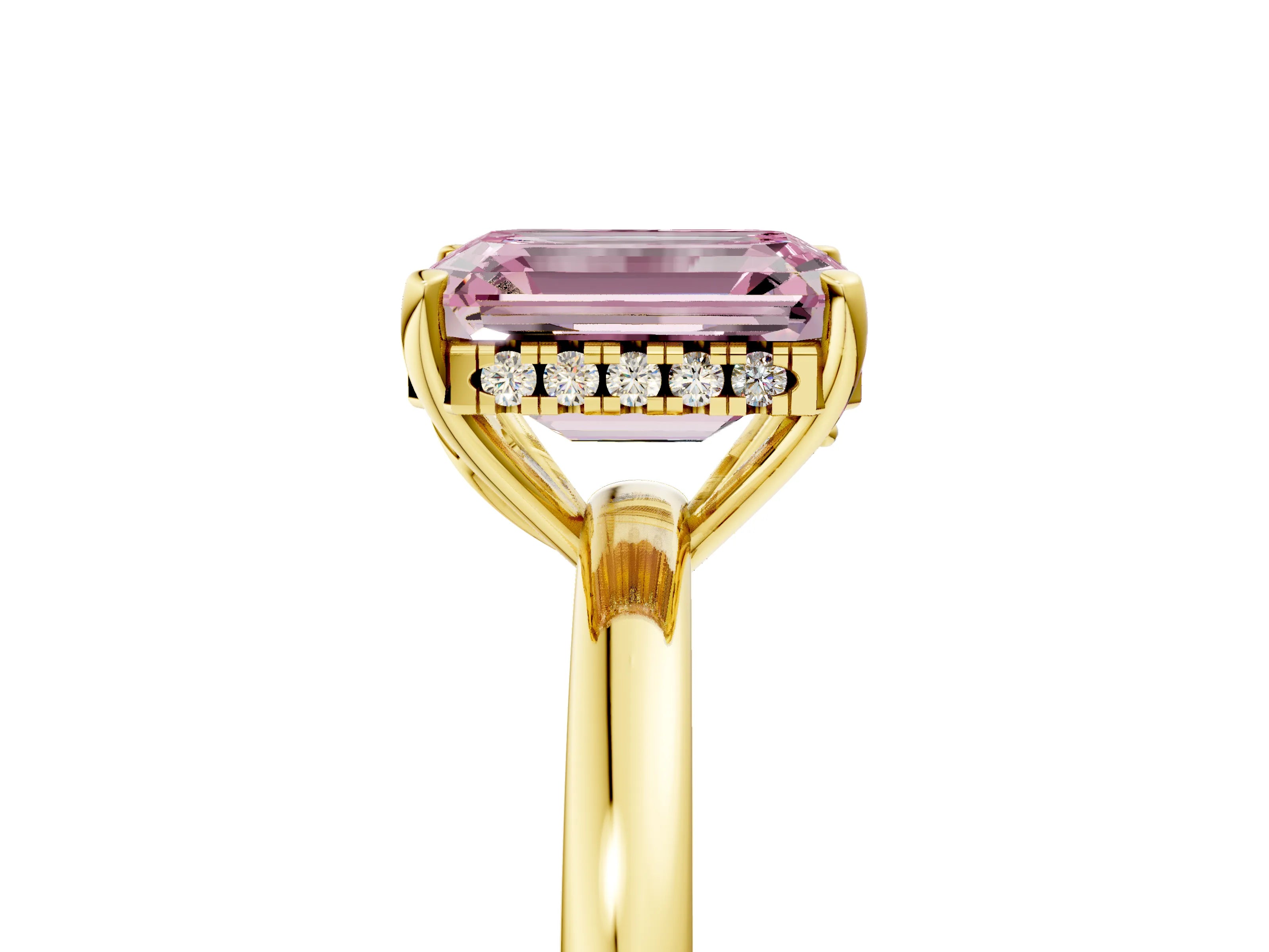 Yellow gold Fancy Pink Emerald Cut Solitaire Diamond Ring with Prong Setting and Plain Band_5