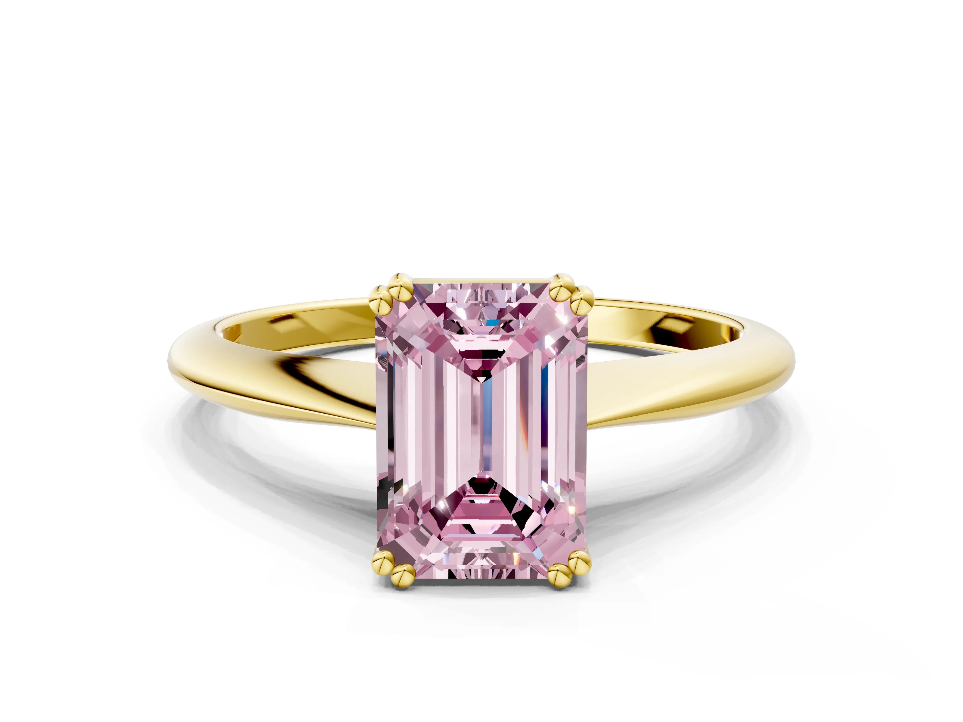 Yellow gold Fancy Pink Emerald Cut Solitaire Diamond Ring with Six-Prong Setting and Classic Band