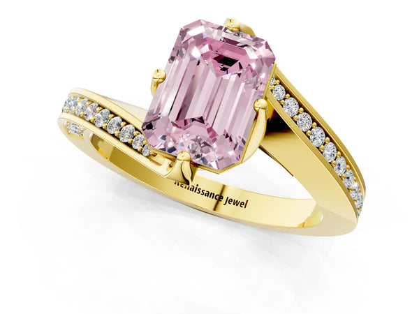 Yellow gold Fancy Pink Emerald Cut Solitaire Diamond Twist Band with Pavé Setting and Four-Prong Setting