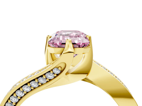 Yellow gold Fancy Pink Emerald Cut Solitaire Diamond Twist Band with Pavé Setting and Four-Prong Setting_4
