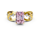 Yellow gold Fancy Pink Emerald  Cut Solitaire Diamond with Side Stones on Criss-Cross Band and Four-Prong Setting_3
