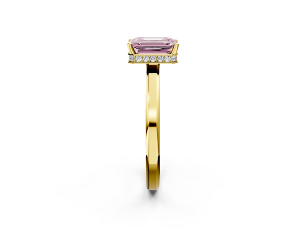 Yellow Gold Emerald Cut Hidden Halo Engagement Ring Setting for Fancy Pink Center with Flat Wide Band