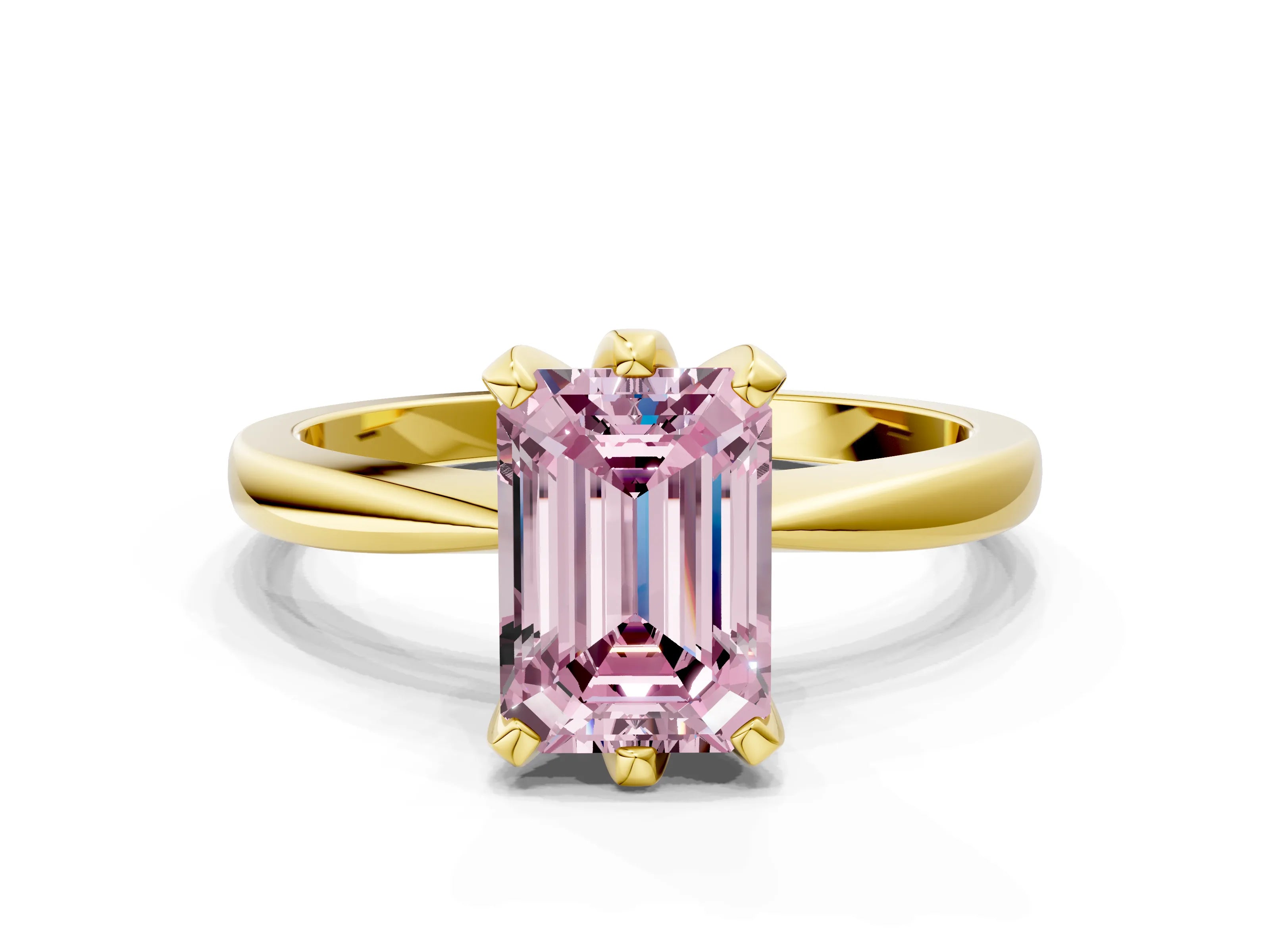 Yellow gold Fancy Pink Emerald Cut Solitaire Engagement Ring with Six-Prong Setting and Tapered Band