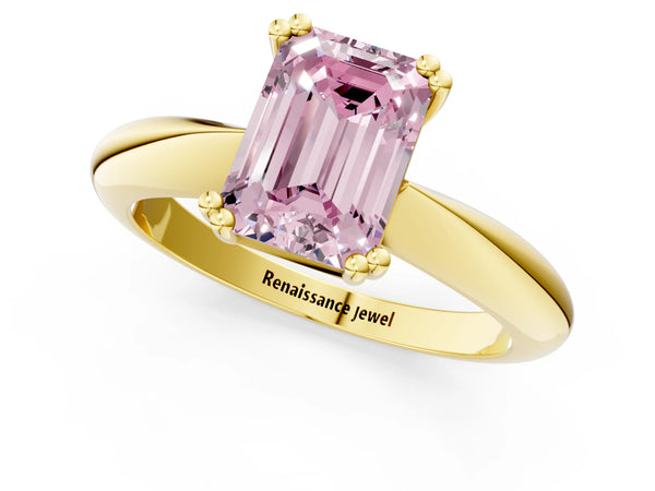 Yellow gold Fancy Pink Emerald  Cut Solitaire Engagement Ring with Tapered Band and Four-Prong Setting