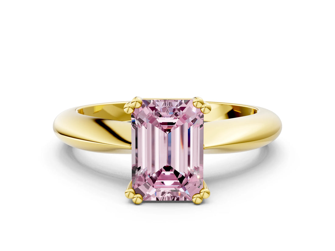 Yellow gold Fancy Pink Emerald  Cut Solitaire Engagement Ring with Tapered Band and Four-Prong Setting
