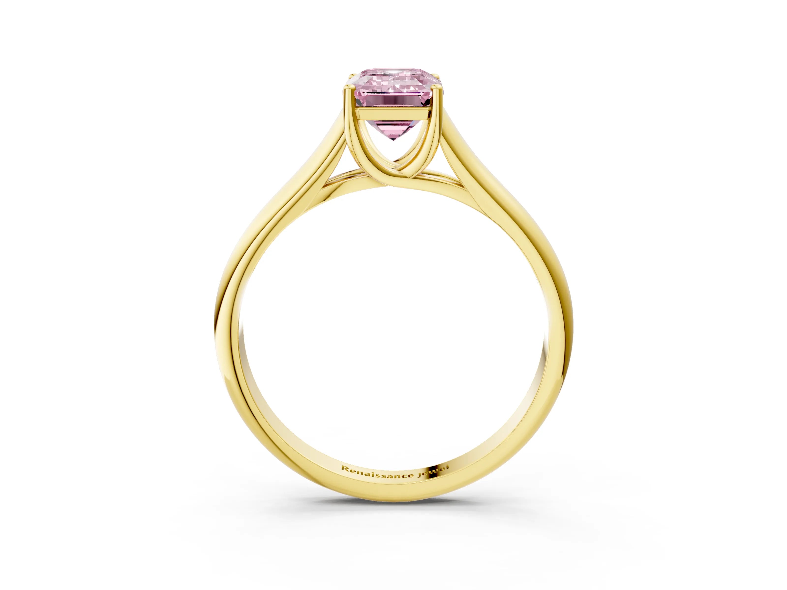 Yellow gold Fancy Pink Emerald Cut Solitaire Engagement Ring with Tapered Band and Four-Prong Setting_6