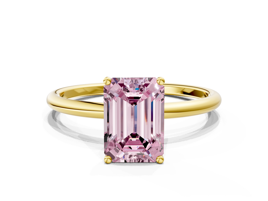 Yellow gold Fancy Pink Emerald  Cut Solitaire Engagement Ring with Thin Band and Four-Prong Setting