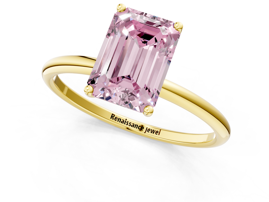 Yellow gold Fancy Pink Emerald  Cut Solitaire Engagement Ring with Thin Band and Four-Prong Setting