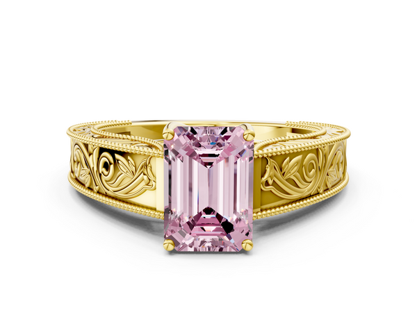 Yellow gold Fancy Pink Emerald Cut Diamond Solitaire Ring with Engraved Band and Four-Prong Setting