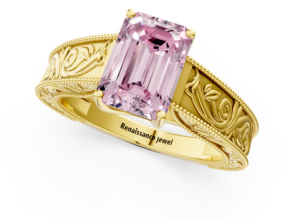 Yellow gold Fancy Pink Emerald Cut Diamond Solitaire Ring with Engraved Band and Four-Prong Setting