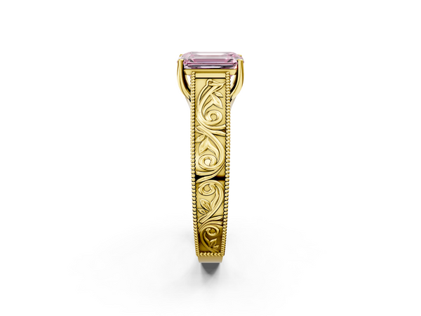 Yellow gold Fancy Pink Emerald Cut Diamond Solitaire Ring with Engraved Band and Four-Prong Setting