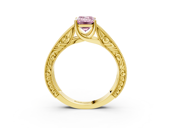Yellow gold Fancy Pink Emerald Cut Diamond Solitaire Ring with Engraved Band and Four-Prong Setting