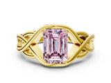 Yellow gold Fancy Pink Emerald Cut Solitaire Intertwined Band Prong Setting Ring