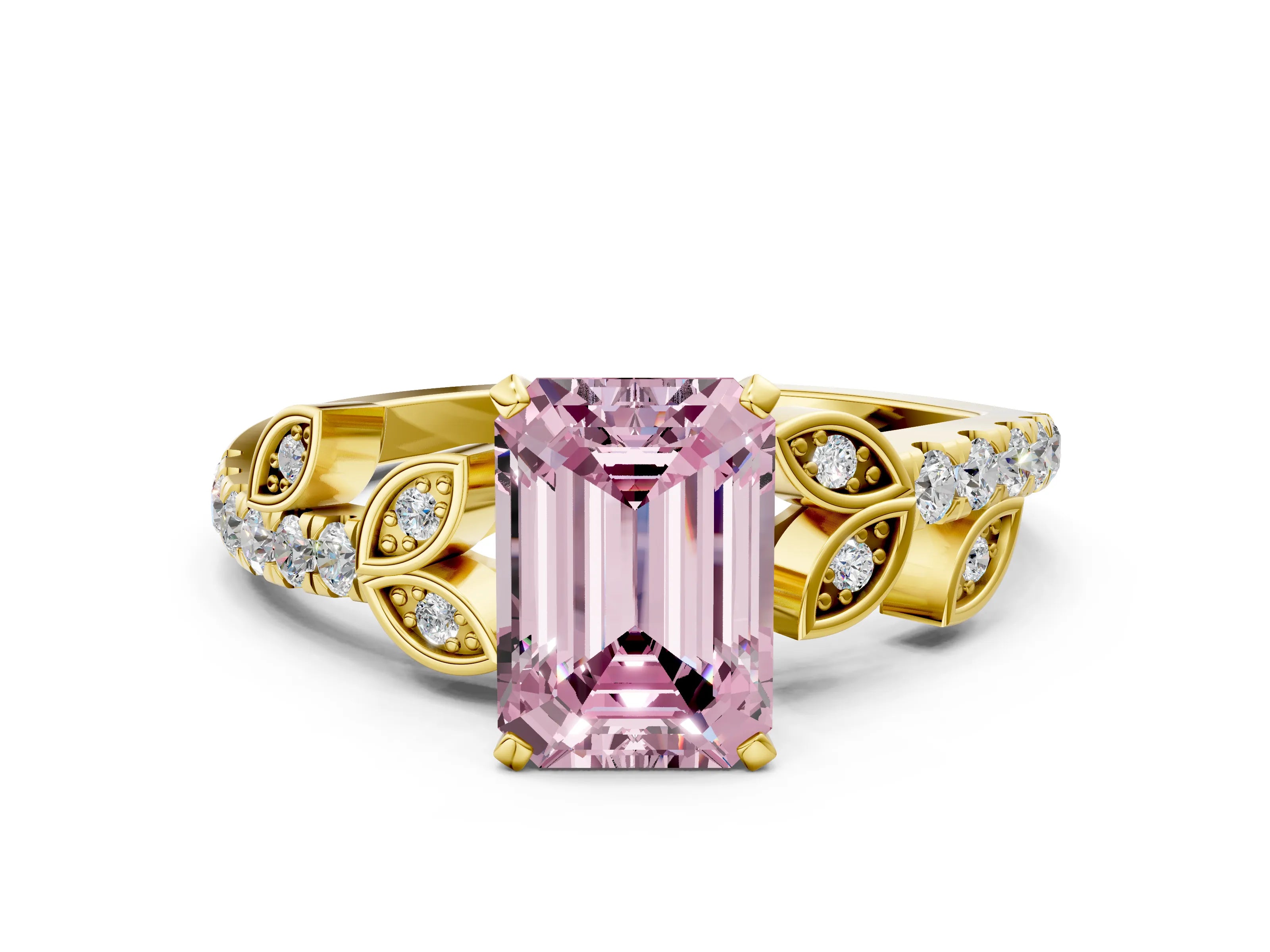 Yellow gold Fancy Pink Emerald Cut Solitaire Leaf-Inspired Diamond Ring with Pavé Band and Four-Prong Setting