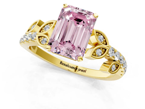 Yellow gold Fancy Pink Emerald Cut Solitaire Leaf-Inspired Diamond Ring with Pavé Band and Four-Prong Setting_1