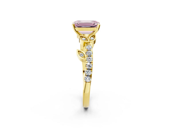 Yellow Gold Emerald Cut Leaf Solitaire Engagement Ring Setting for Fancy Pink Center with Pave Band
