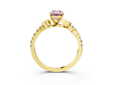 Yellow gold Fancy Pink Emerald Cut Solitaire Leaf-Inspired Diamond Ring with Pavé Band and Four-Prong Setting_3