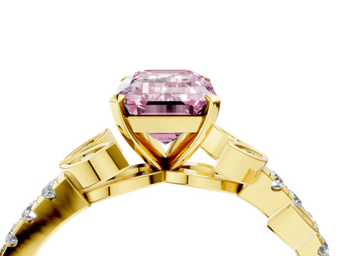 Yellow gold Fancy Pink Emerald Cut Solitaire Leaf-Inspired Diamond Ring with Pavé Band and Four-Prong Setting_4