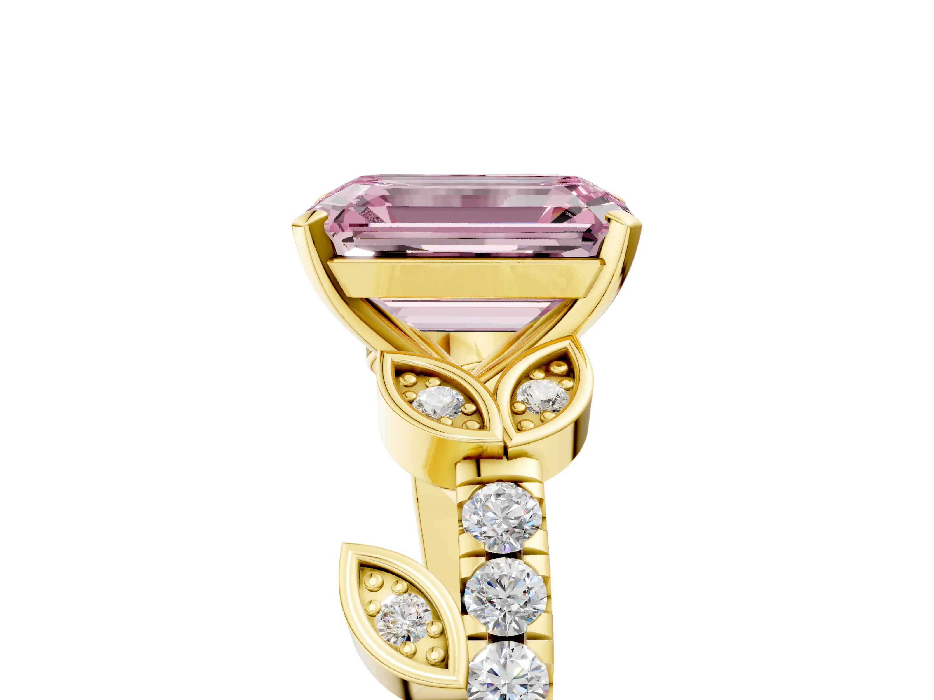 Yellow gold Fancy Pink Emerald Cut Solitaire Leaf-Inspired Diamond Ring with Pavé Band and Four-Prong Setting_5