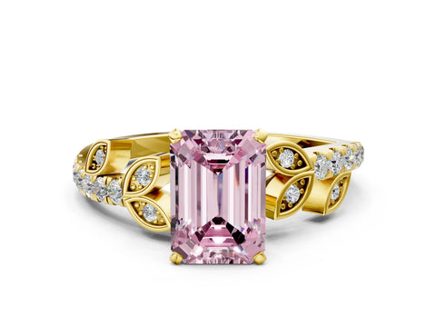 Yellow gold Fancy Pink Emerald Cut Solitaire Leaf-Inspired Diamond Ring with Pavé Band and Four-Prong Setting