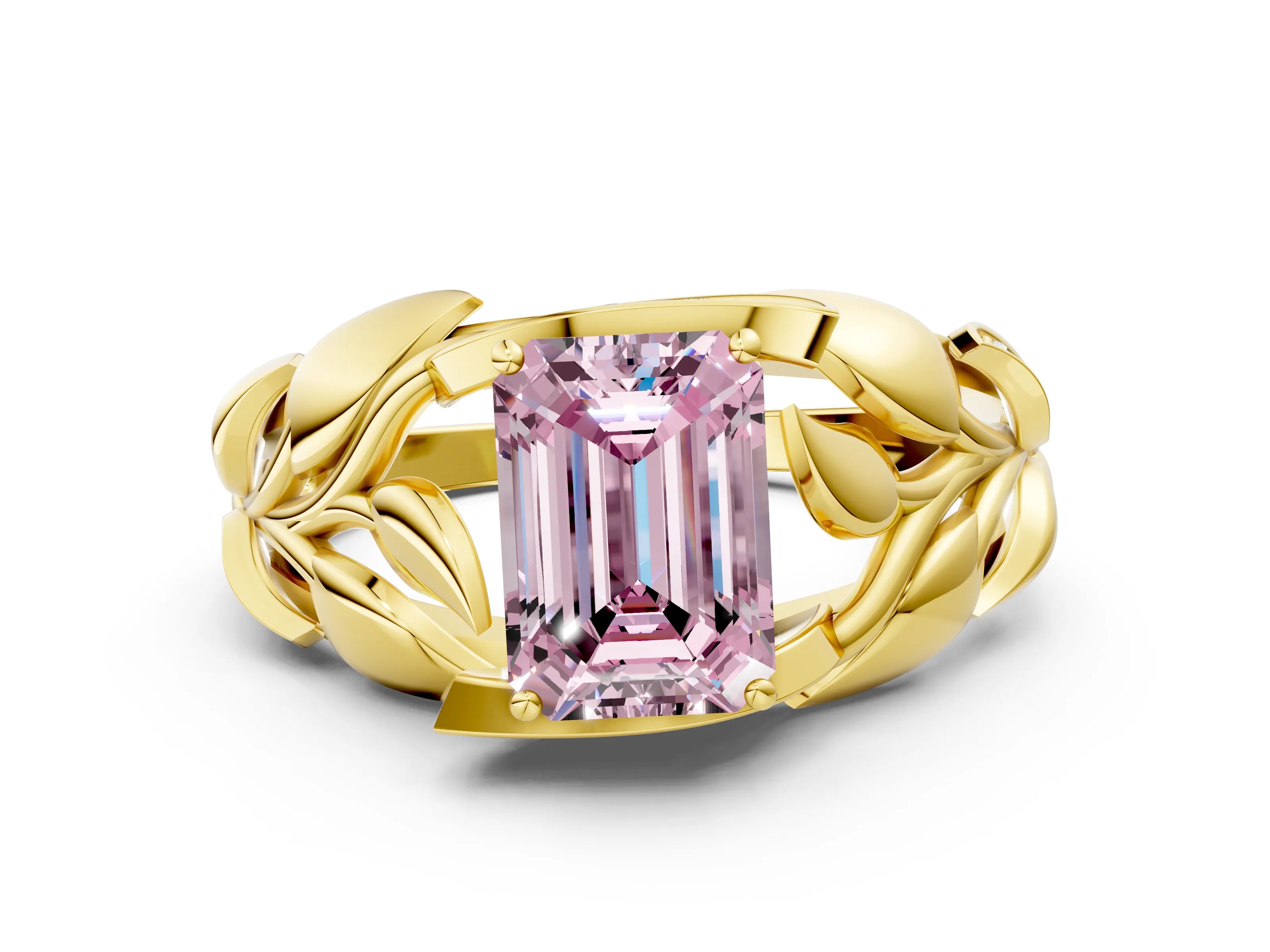 Yellow gold Fancy Pink Emerald Cut Solitaire Leaf-Inspired Engagement Ring with Prong Setting