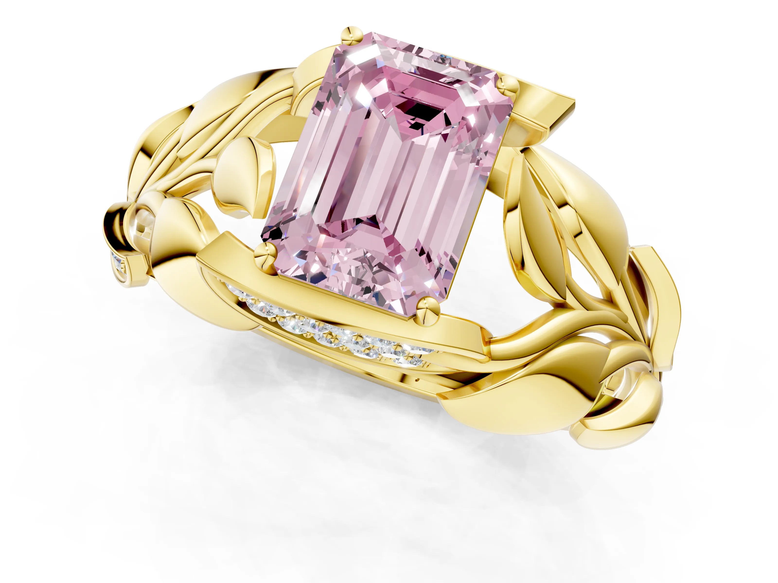 Yellow gold Fancy Pink Emerald Cut Solitaire Leaf-Inspired Engagement Ring with Prong Setting_1