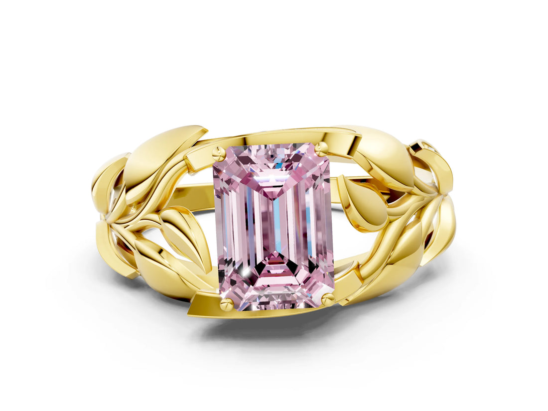 Yellow gold Fancy Pink Emerald Cut Solitaire Leaf-Inspired Engagement Ring with Prong Setting_12