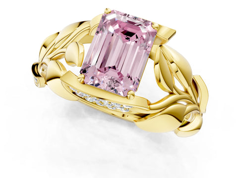 Yellow gold Fancy Pink Emerald Cut Solitaire Leaf-Inspired Engagement Ring with Prong Setting_1