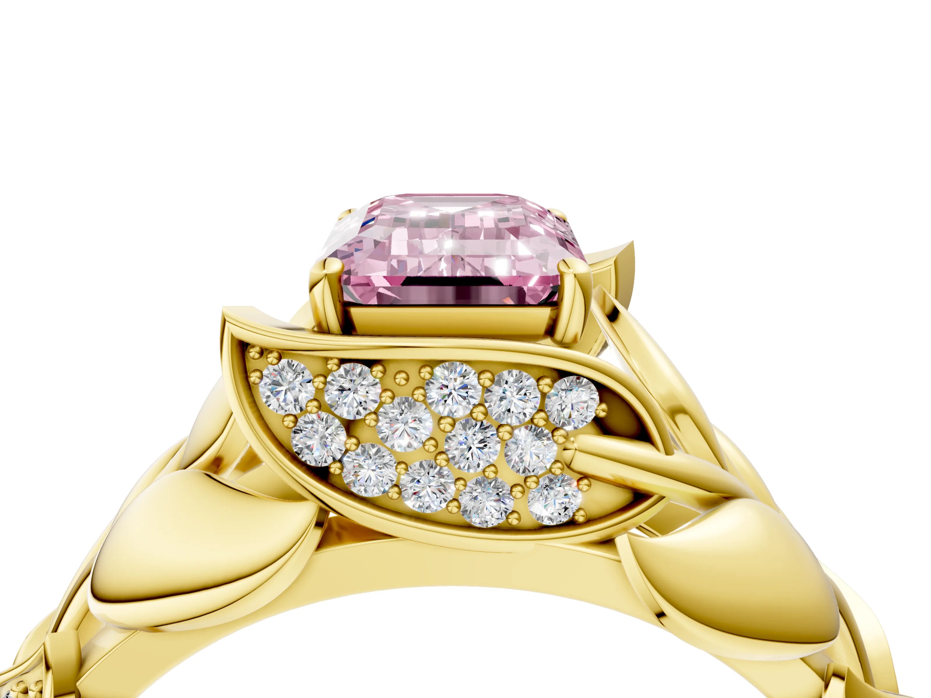 Yellow gold Fancy Pink Emerald Cut Solitaire Leaf-Inspired Engagement Ring with Prong Setting_4