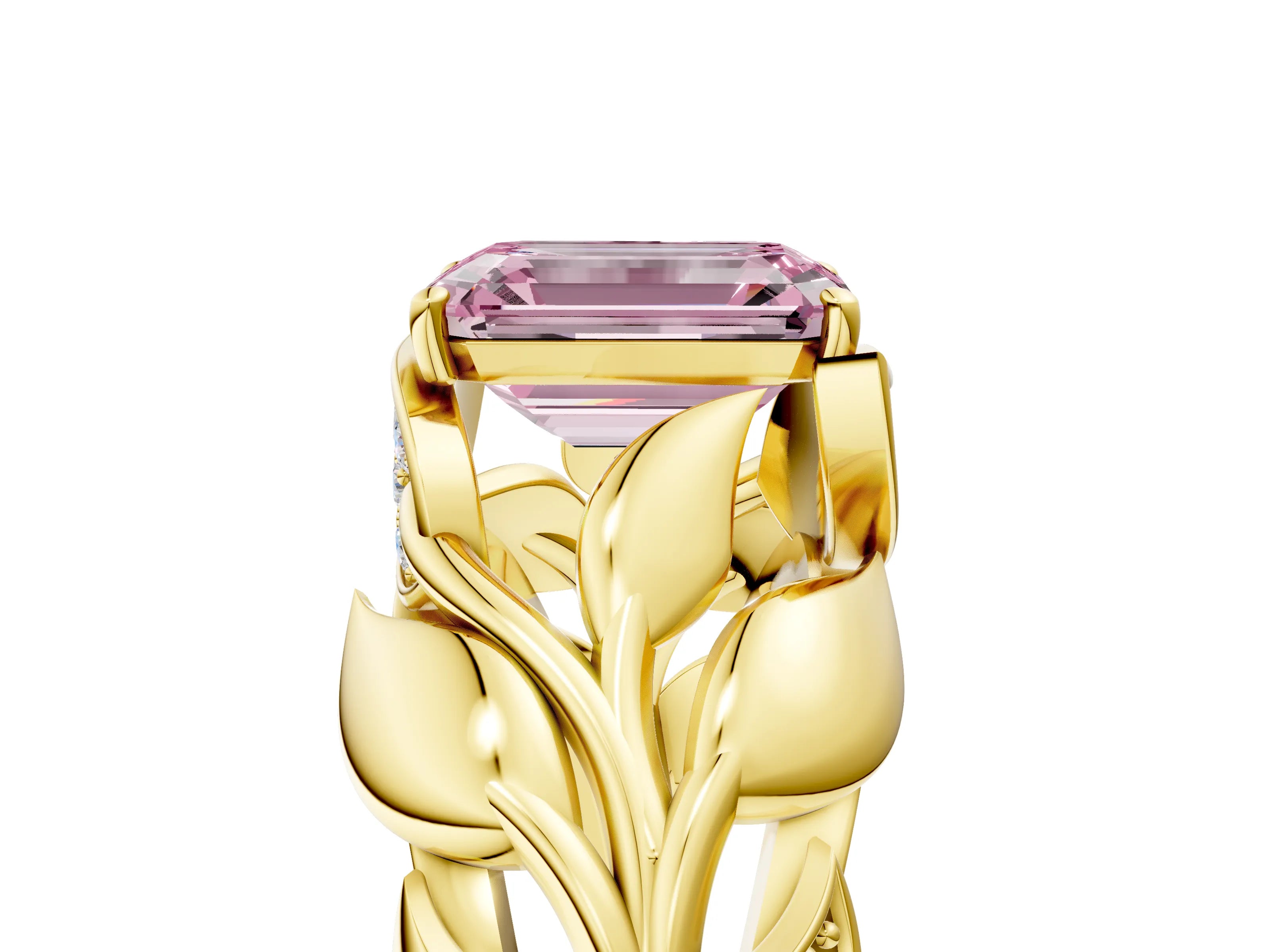 Yellow gold Fancy Pink Emerald Cut Solitaire Leaf-Inspired Engagement Ring with Prong Setting_5