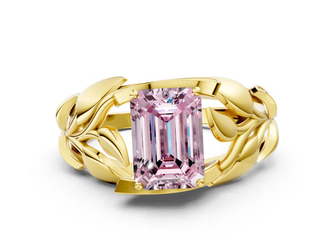 Yellow gold Fancy Pink Emerald Cut Solitaire Leaf-Inspired Engagement Ring with Prong Setting