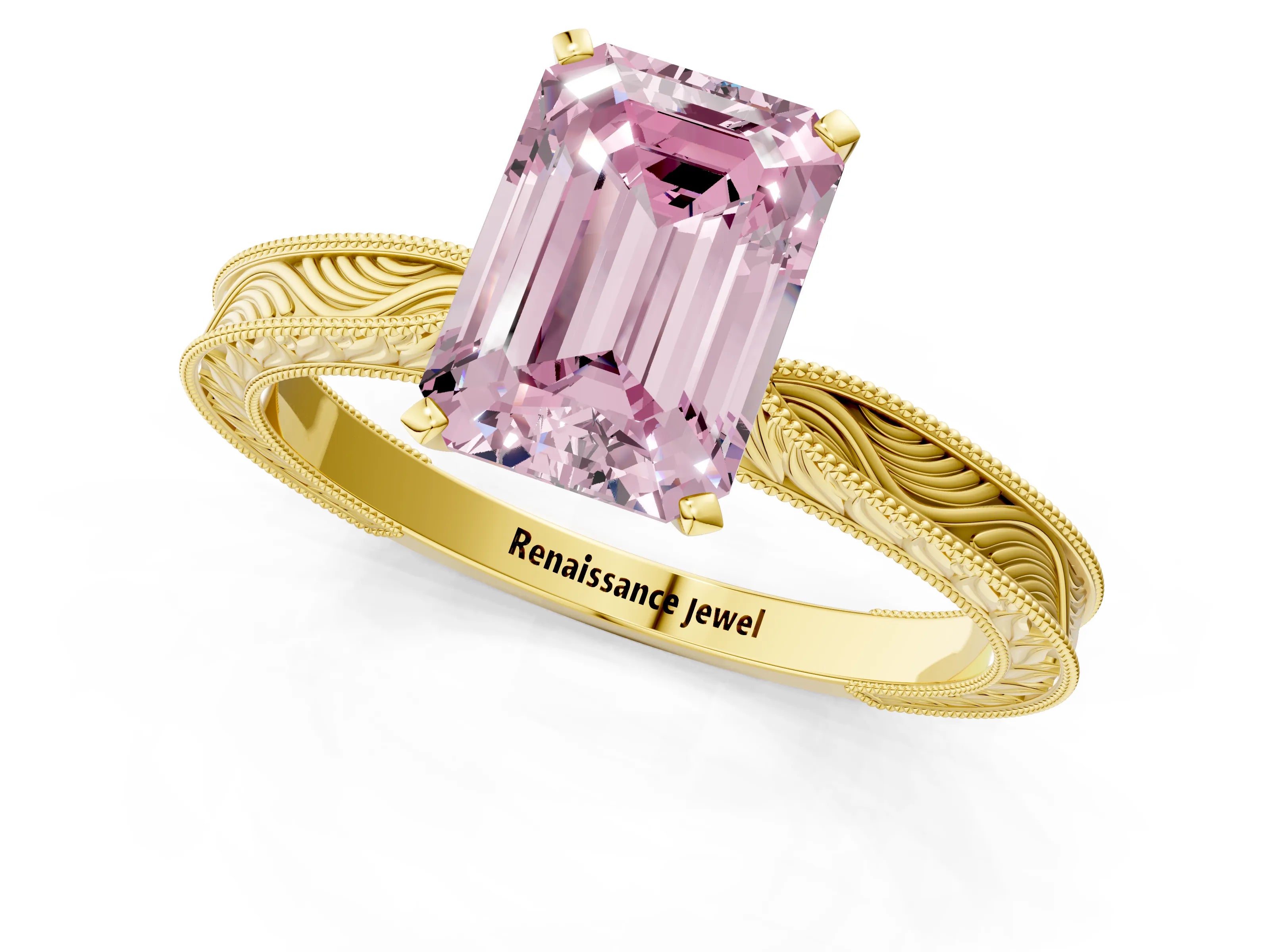 Yellow gold Fancy Pink Emerald Cut Solitaire Milgrain Engraved Band with Four-Prong Setting_1
