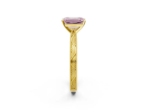 Yellow gold Fancy Pink Emerald Cut Solitaire Milgrain Engraved Band with Four-Prong Setting_2