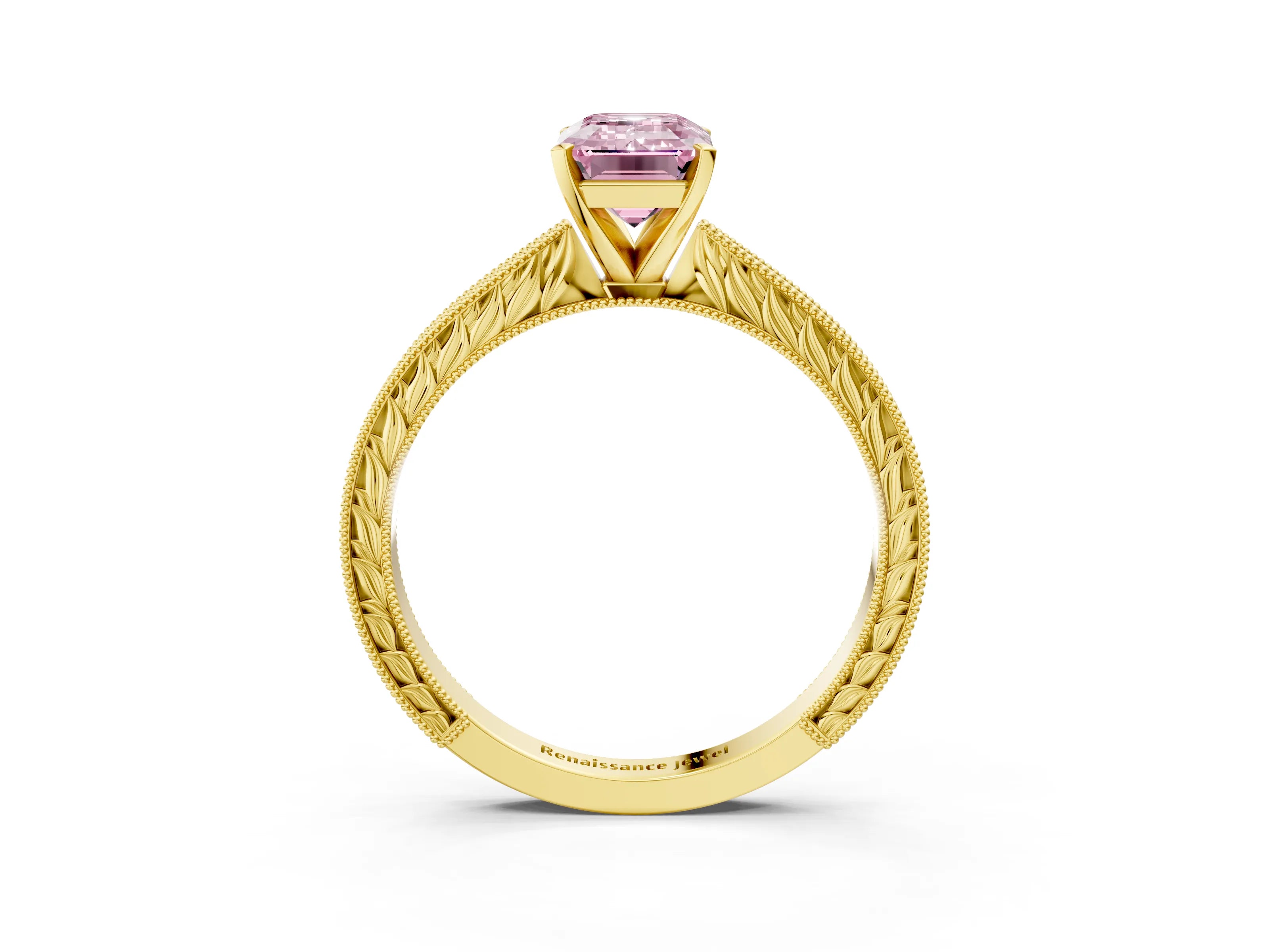 Yellow gold Fancy Pink Emerald Cut Solitaire Milgrain Engraved Band with Four-Prong Setting_3