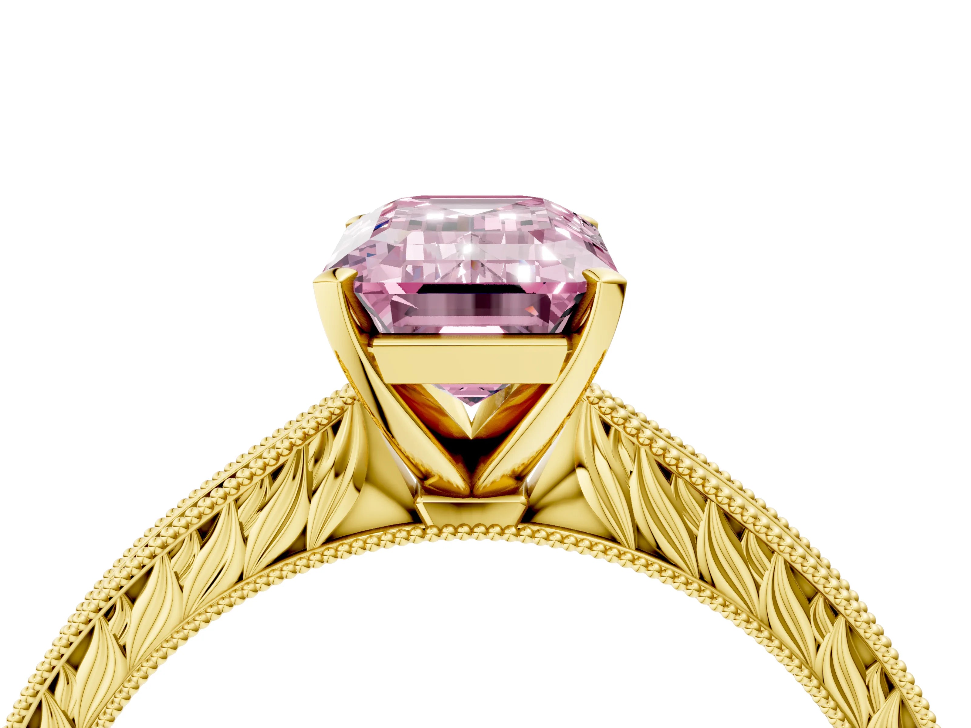 Yellow gold Fancy Pink Emerald Cut Solitaire Milgrain Engraved Band with Four-Prong Setting_4
