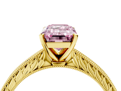 Yellow gold Fancy Pink Emerald Cut Solitaire Milgrain Engraved Band with Four-Prong Setting_4