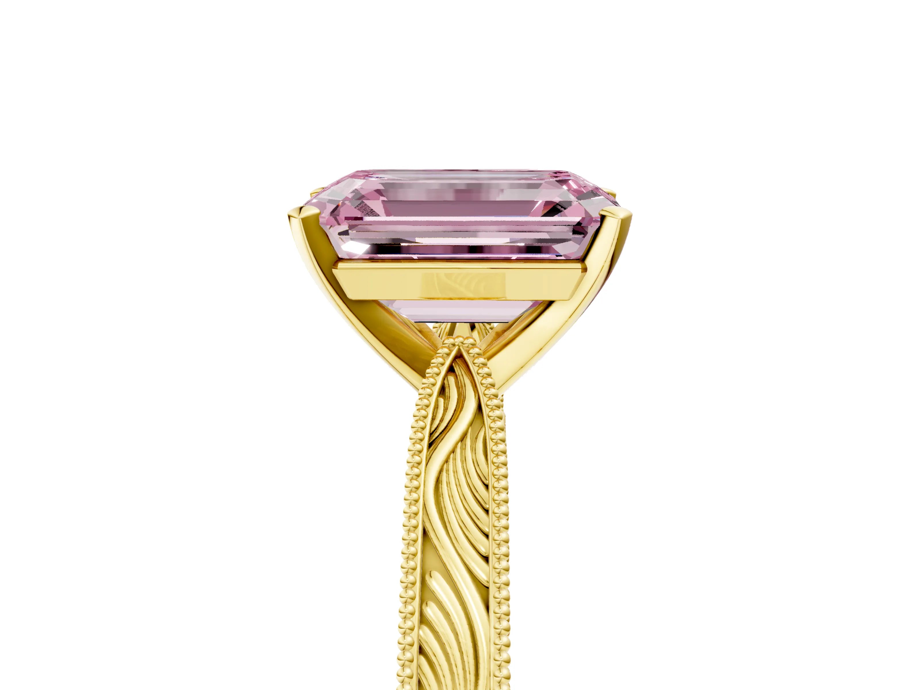 Yellow gold Fancy Pink Emerald Cut Solitaire Milgrain Engraved Band with Four-Prong Setting_5