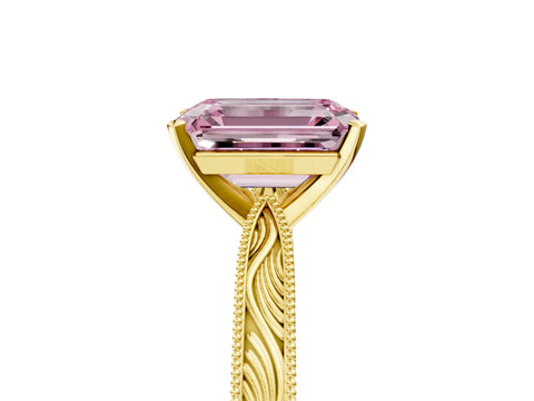 Yellow gold Fancy Pink Emerald Cut Solitaire Milgrain Engraved Band with Four-Prong Setting_5
