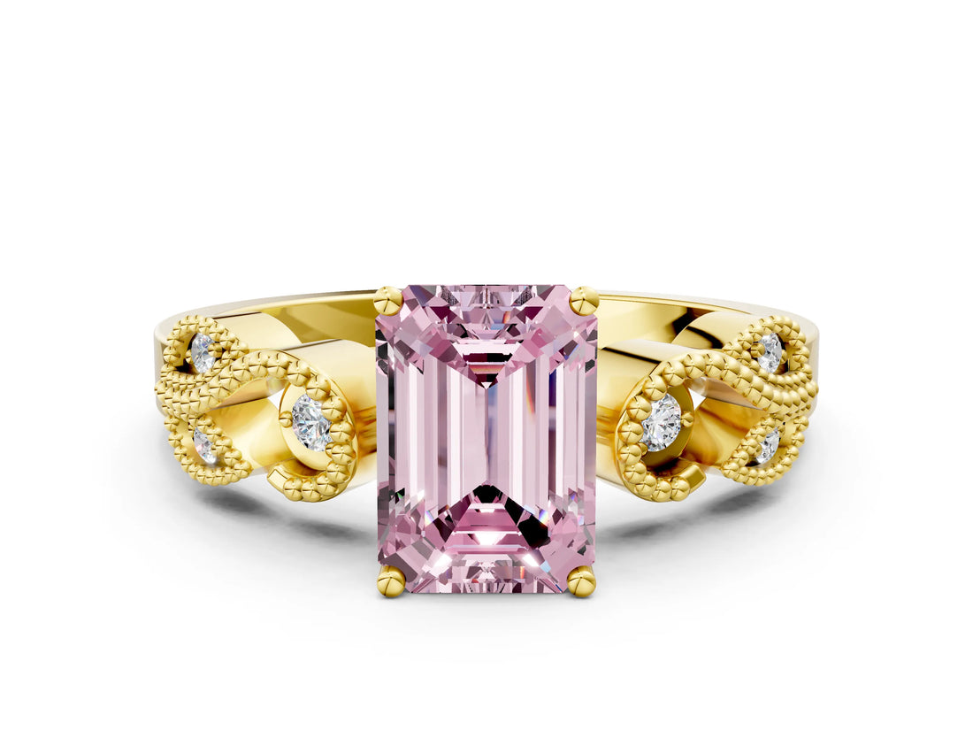 Yellow gold Fancy Pink Emerald Cut Solitaire Milgrain Leaf Band with Prong Setting