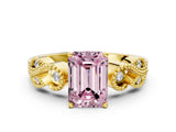 Yellow gold Fancy Pink Emerald Cut Solitaire Milgrain Leaf Band with Prong Setting