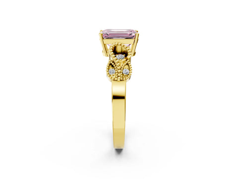 Yellow gold Fancy Pink Emerald Cut Solitaire Milgrain Leaf Band with Prong Setting_2