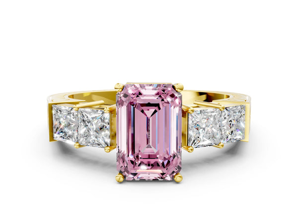 Yellow gold Fancy Pink Emerald Cut Solitaire Princess Side Stone Engraved Band Prong Setting Ring