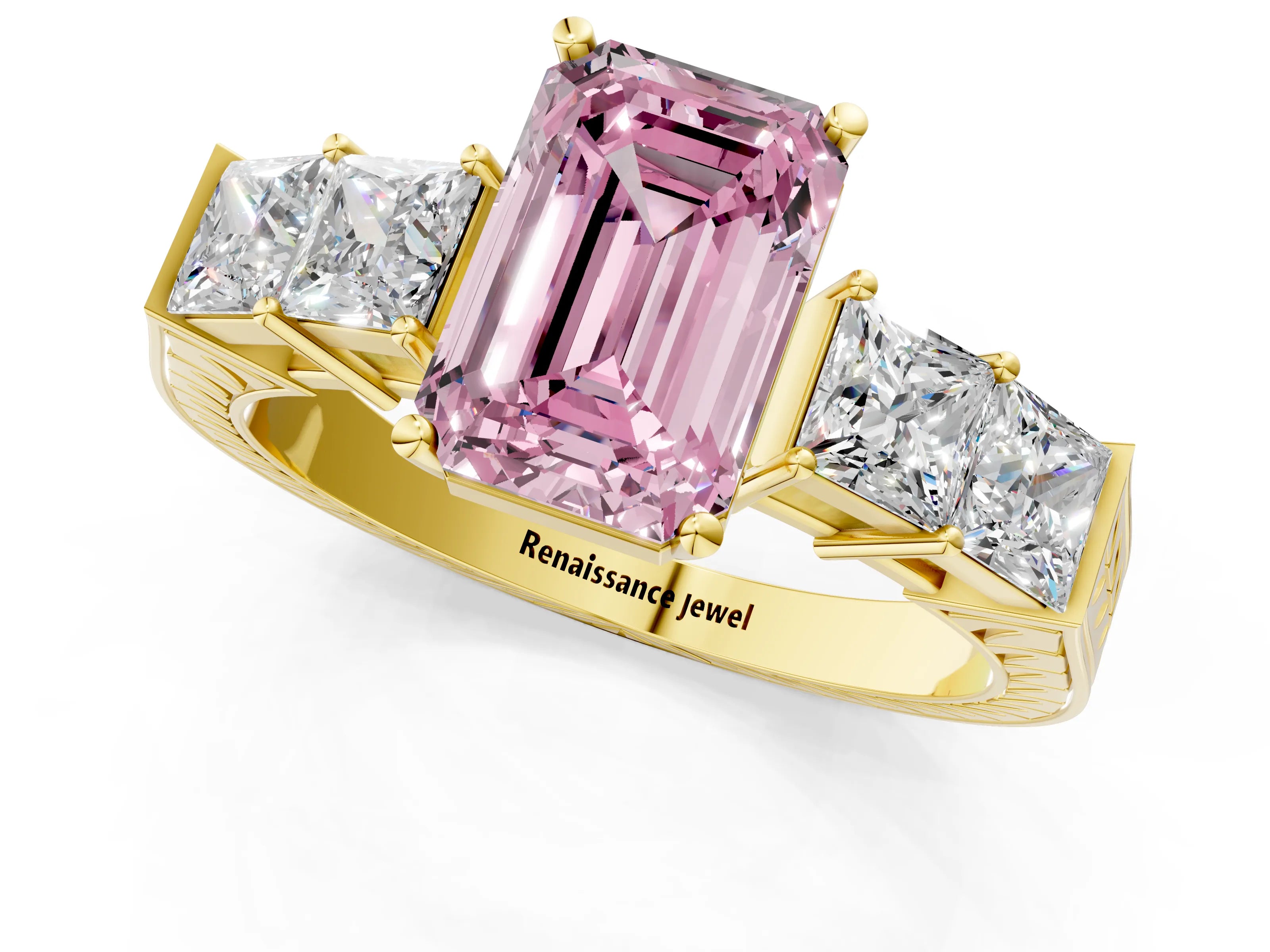 Yellow gold Fancy Pink Emerald Cut Solitaire Princess Side Stone Engraved Band Prong Setting Ring_1