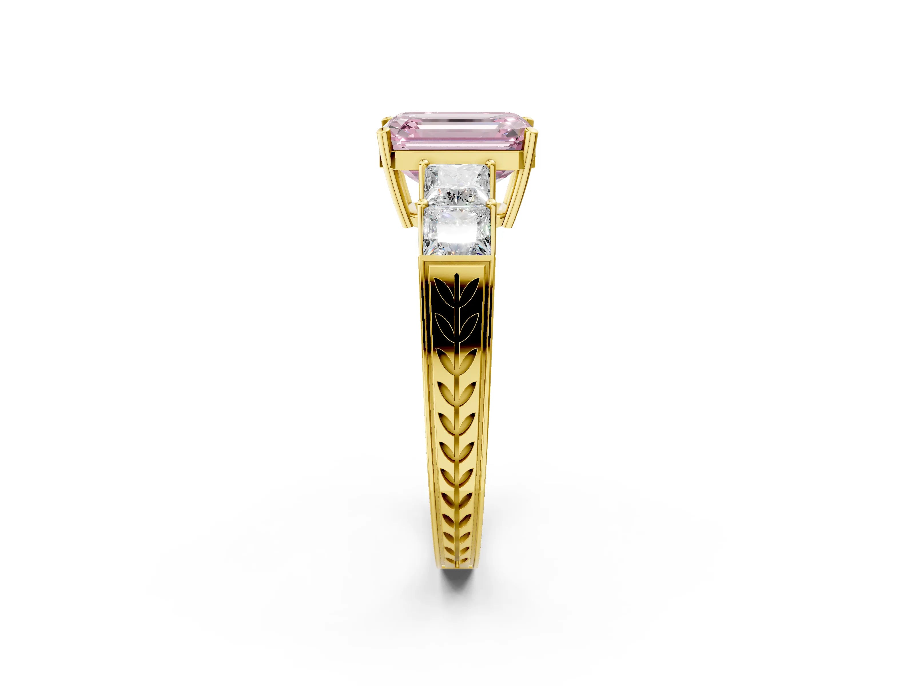 Yellow gold Fancy Pink Emerald Cut Solitaire Princess Side Stone Engraved Band Prong Setting Ring_2