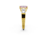 Yellow gold Fancy Pink Emerald Cut Solitaire Princess Side Stone Engraved Band Prong Setting Ring_2