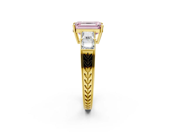 Yellow gold Fancy Pink Emerald Cut Solitaire Princess Side Stone Engraved Band Prong Setting Ring